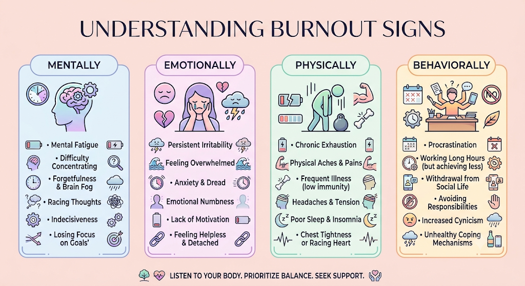 Understanding burnout signs across mental, emotional, physical, and behavioural wellbeing