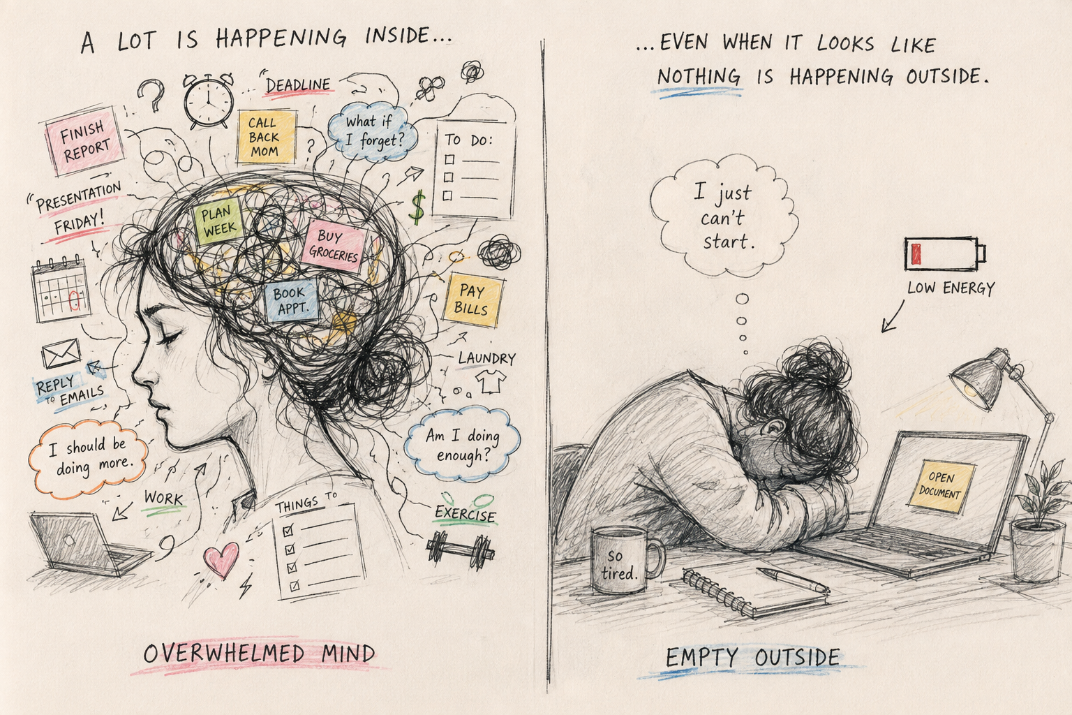 Illustration of an overwhelmed mind and low energy